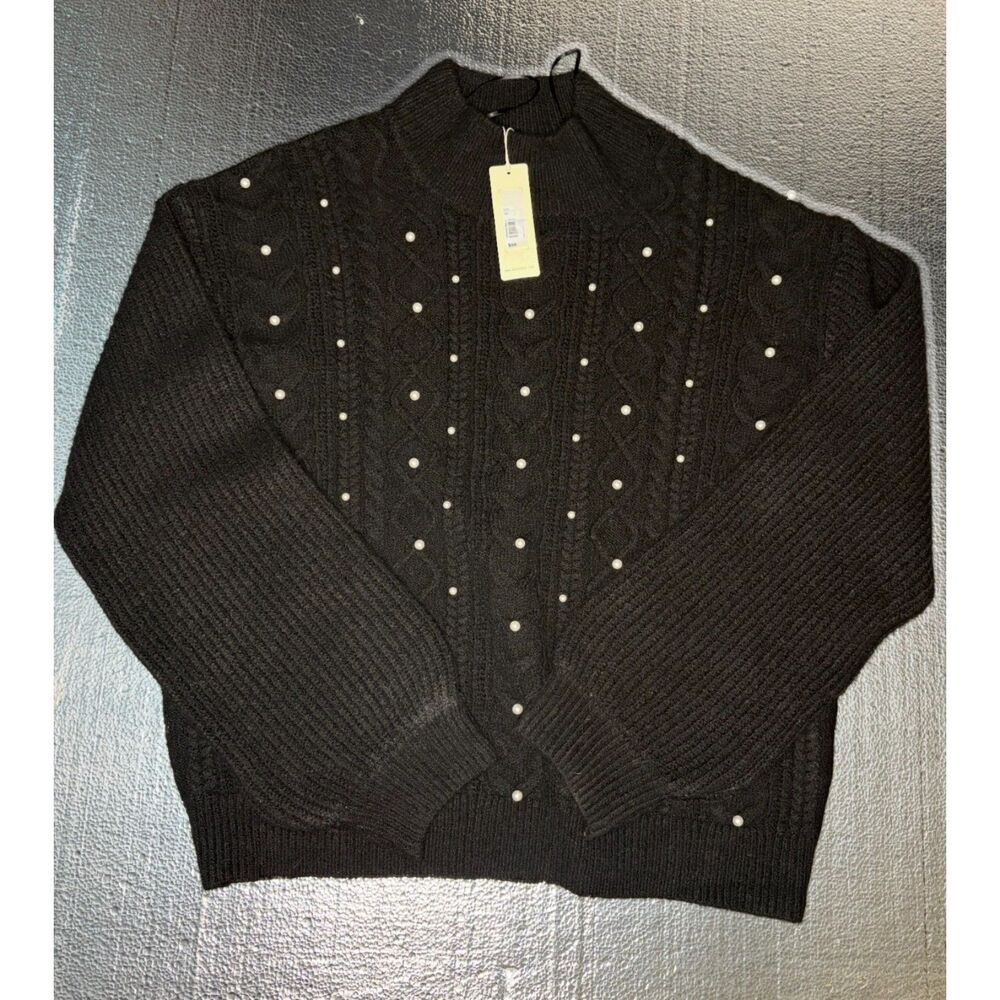 Copper Key Black Pearl Embellished Cable Knit Mock Neck Sweater Womens NWT